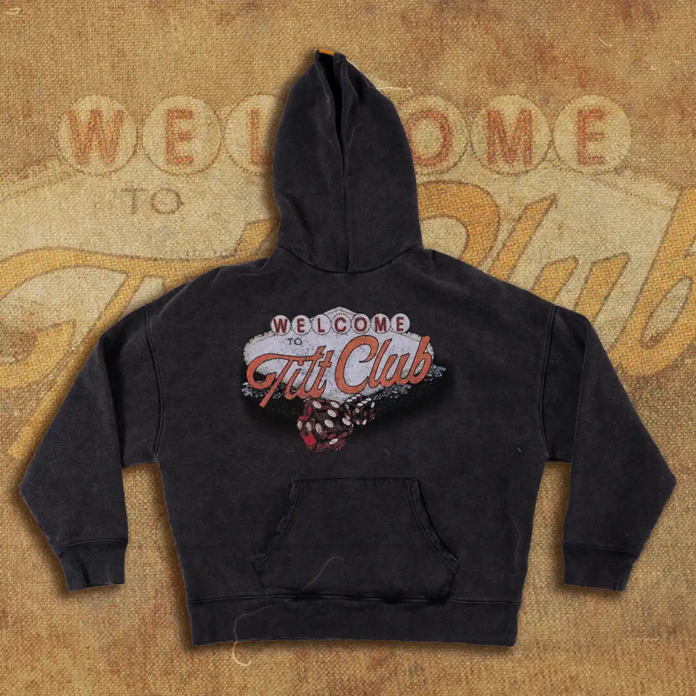 Vegas Sign Hoodie featuring a retro 'Welcome to Tilt Club' design with bold typography, a casino-inspired dice graphic, and a vintage aesthetic, perfect for fans of classic Las Vegas style.